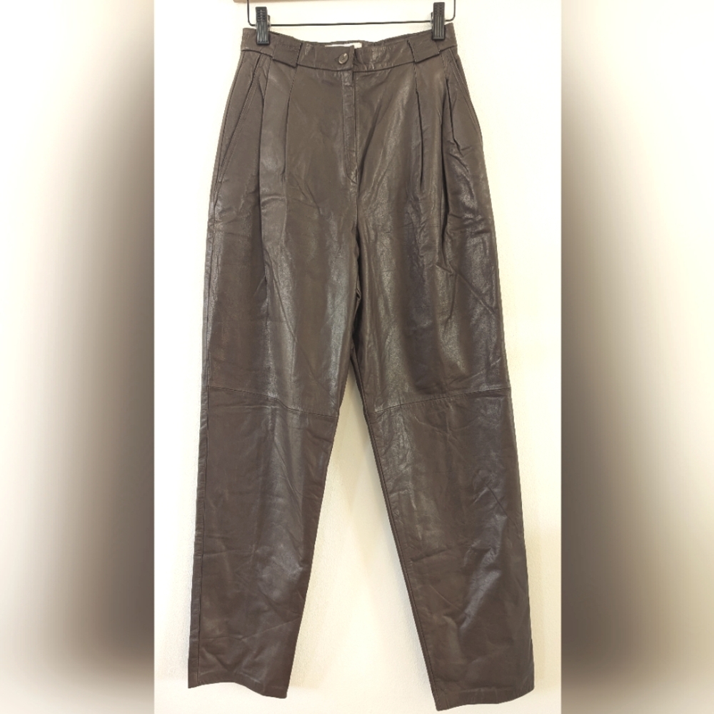 Vintage High Waist Tapered Leg Brown Leather Pants Women's 26
